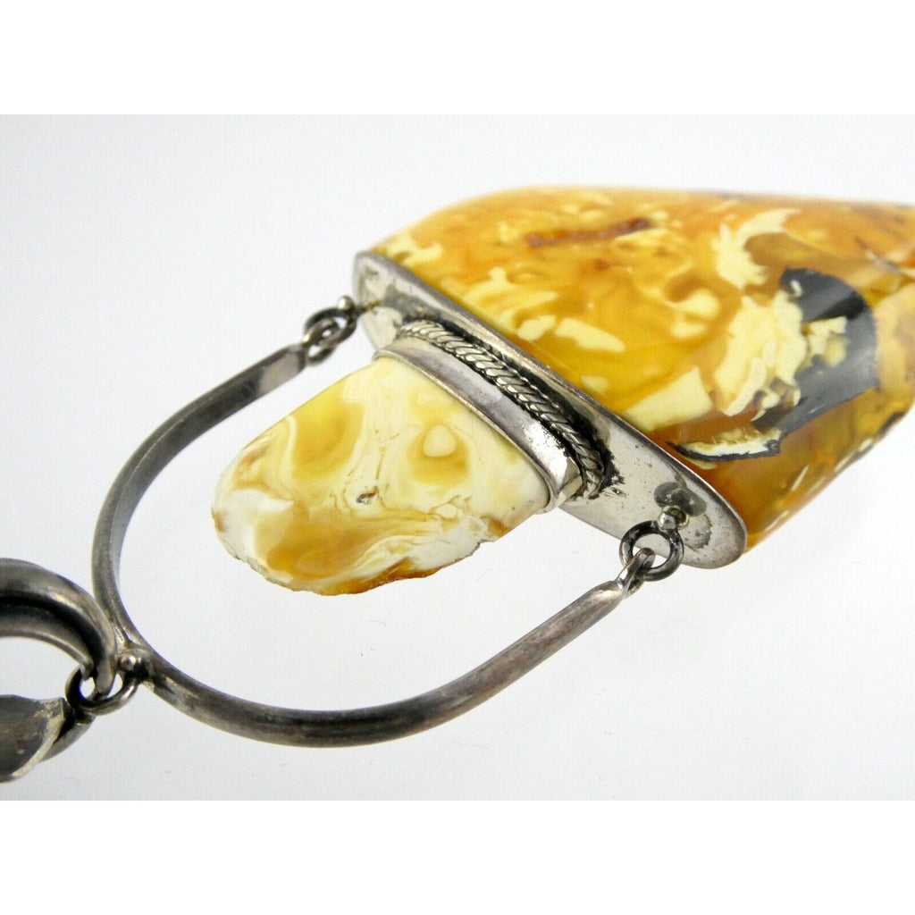 Vintage Poland Sterling Silver Eggyolk Amber Pendant 925 25.5g 3.5 Inch Length