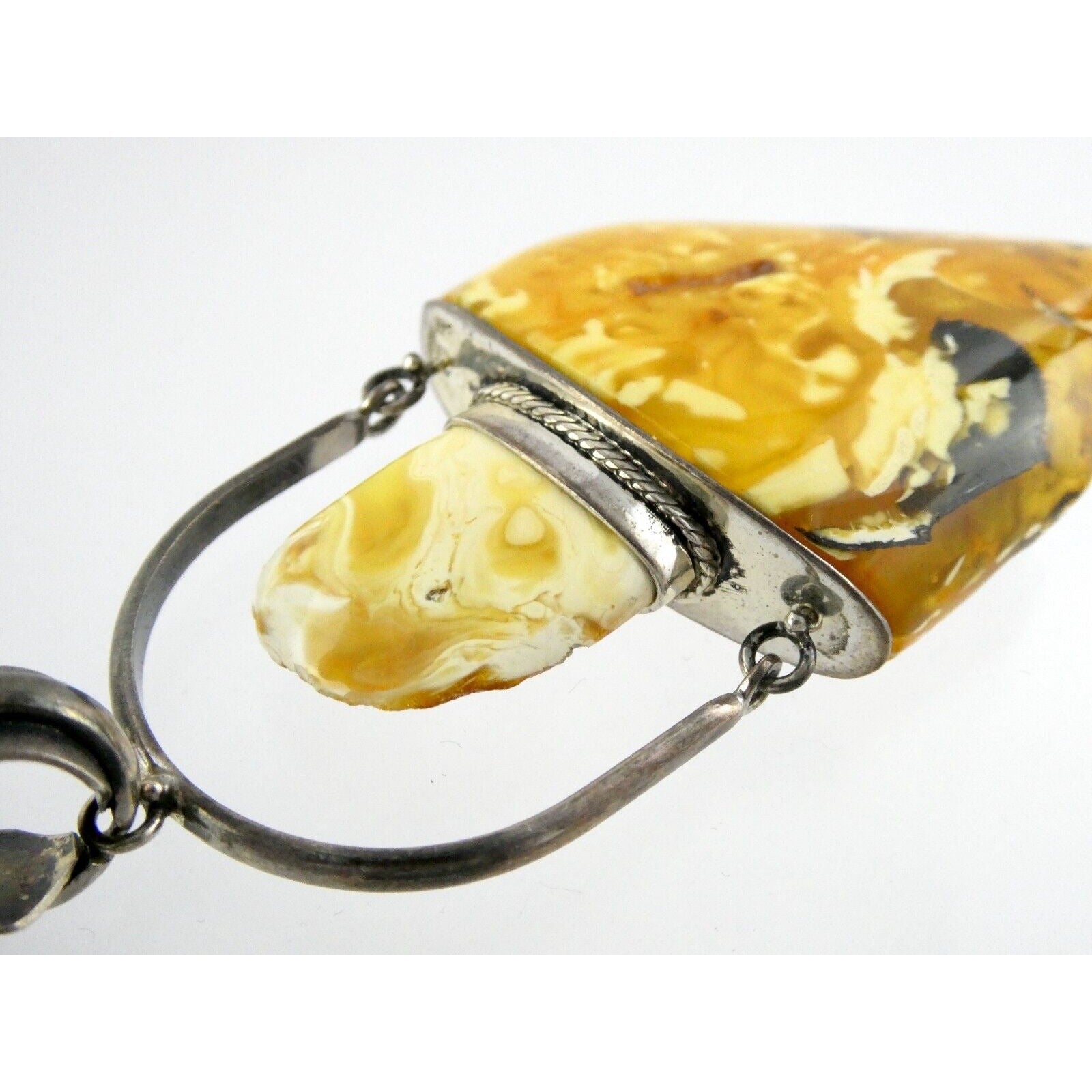 Vintage Poland Sterling Silver Eggyolk Amber Pendant 925 25.5g 3.5 Inch Length