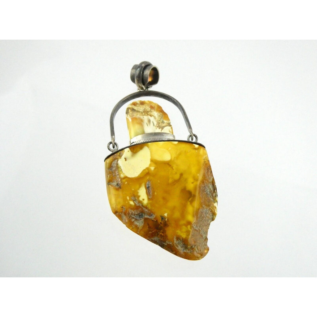 Vintage Poland Sterling Silver Eggyolk Amber Pendant 925 25.5g 3.5 Inch Length