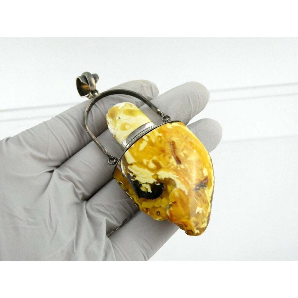 Vintage Poland Sterling Silver Eggyolk Amber Pendant 925 25.5g 3.5 Inch Length