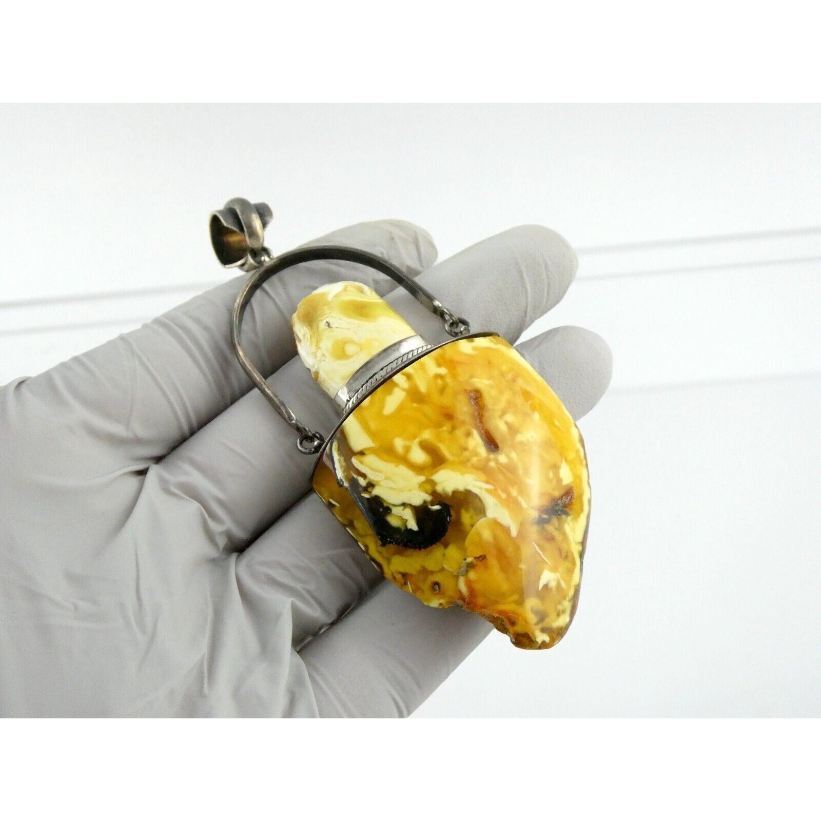 Vintage Poland Sterling Silver Eggyolk Amber Pendant 925 25.5g 3.5 Inch Length