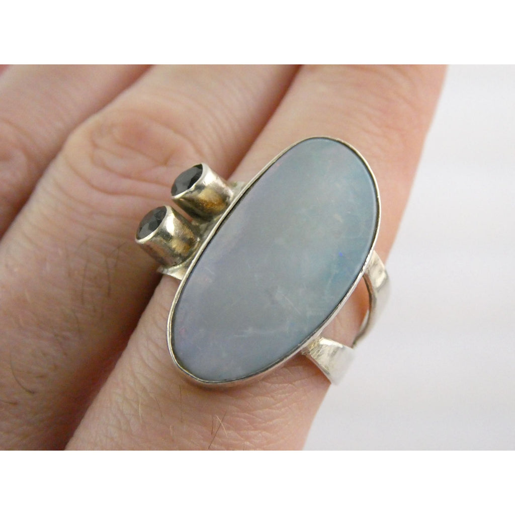 Vintage Sterling Silver Potch Opal and Double Smoky Quartz Ring Size 8.75 8g