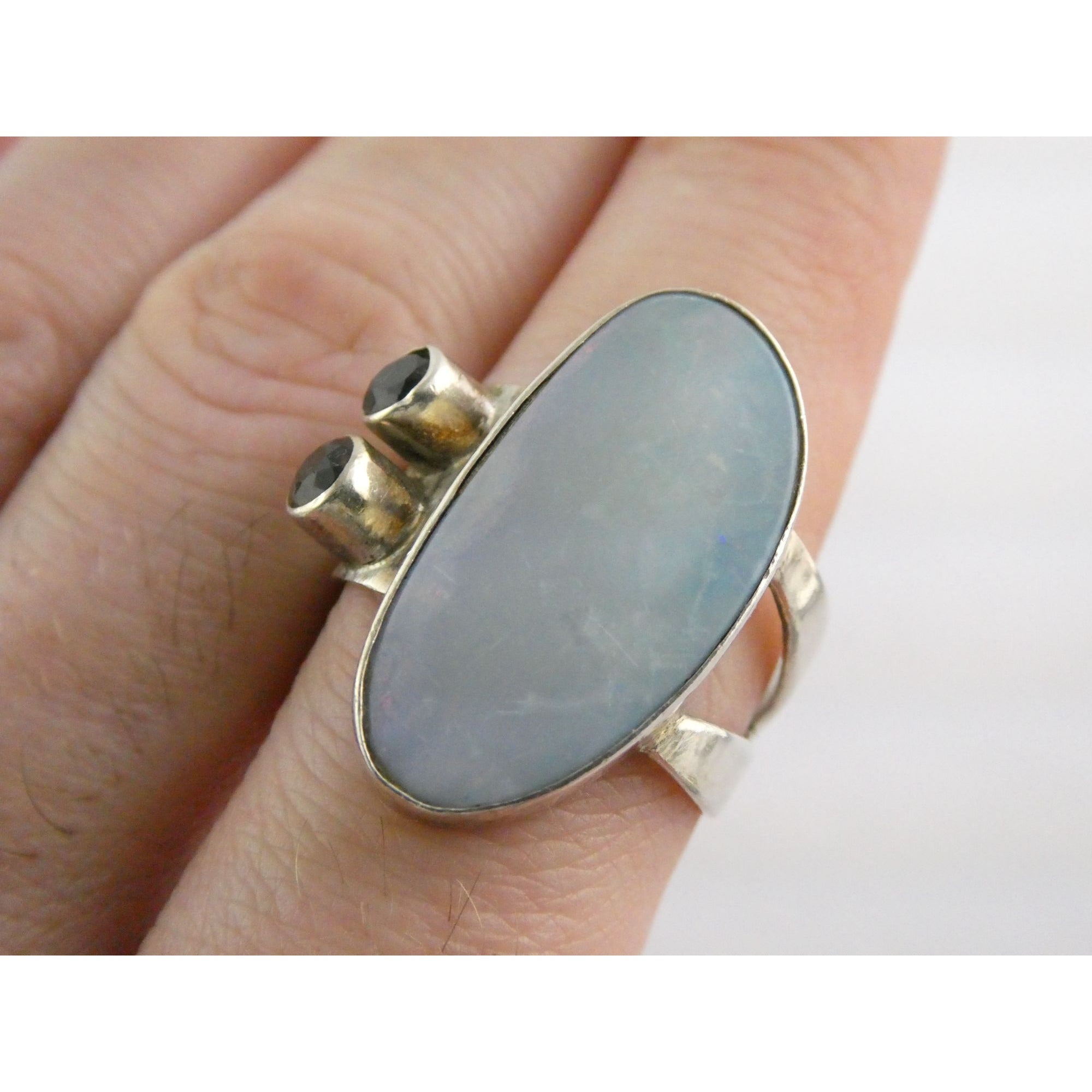 Vintage Sterling Silver Potch Opal and Double Smoky Quartz Ring Size 8.75 8g