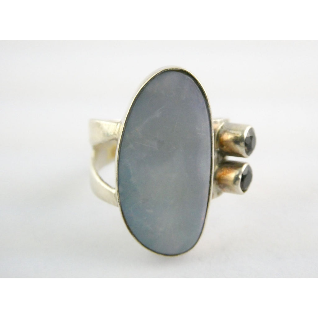 Vintage Sterling Silver Potch Opal and Double Smoky Quartz Ring Size 8.75 8g