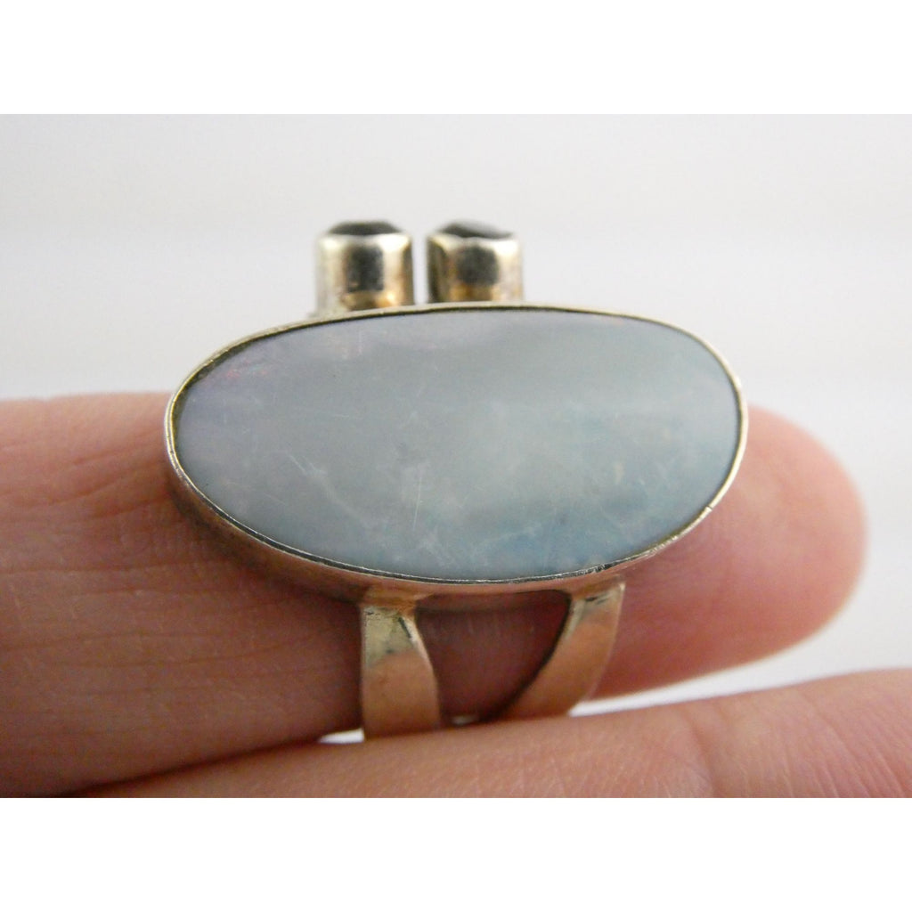 Vintage Sterling Silver Potch Opal and Double Smoky Quartz Ring Size 8.75 8g