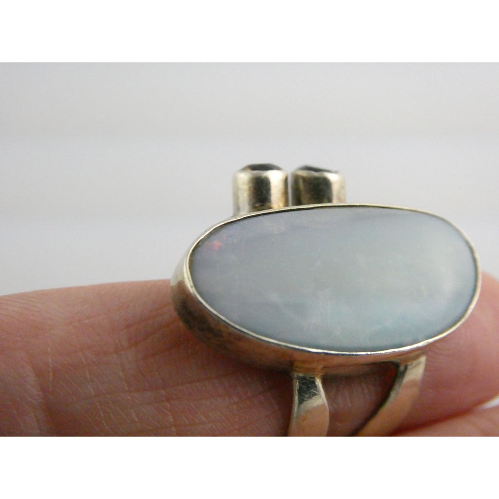 Vintage Sterling Silver Potch Opal and Double Smoky Quartz Ring Size 8.75 8g