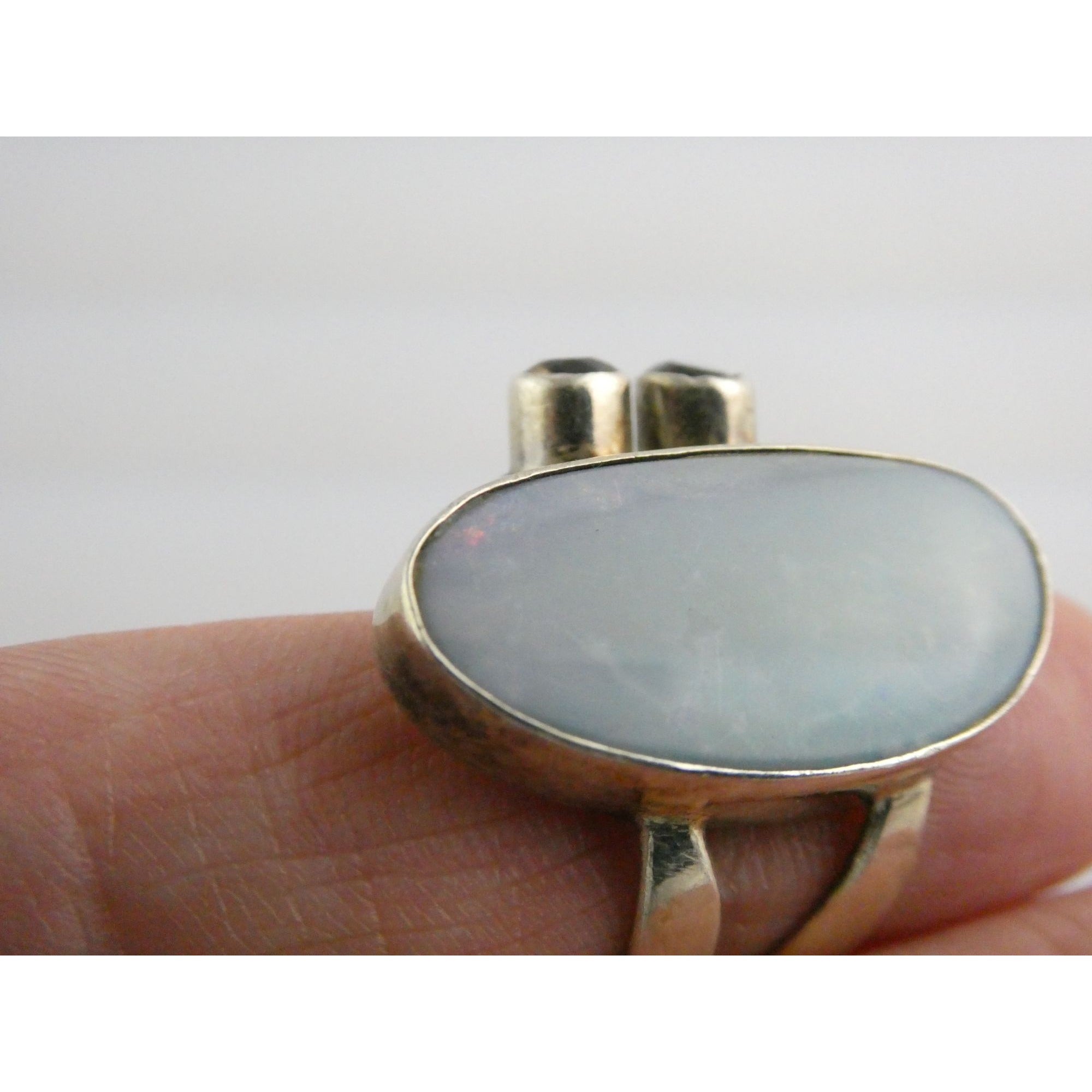 Vintage Sterling Silver Potch Opal and Double Smoky Quartz Ring Size 8.75 8g