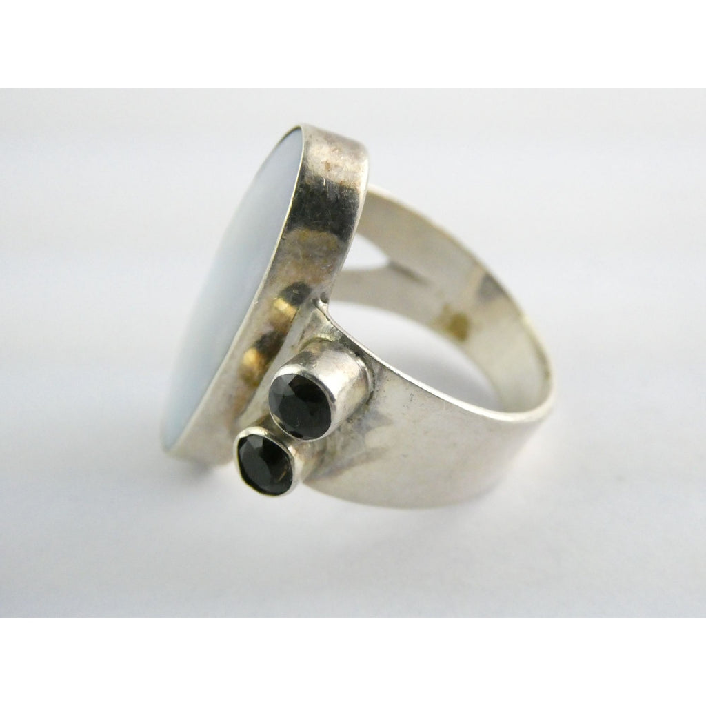 Vintage Sterling Silver Potch Opal and Double Smoky Quartz Ring Size 8.75 8g