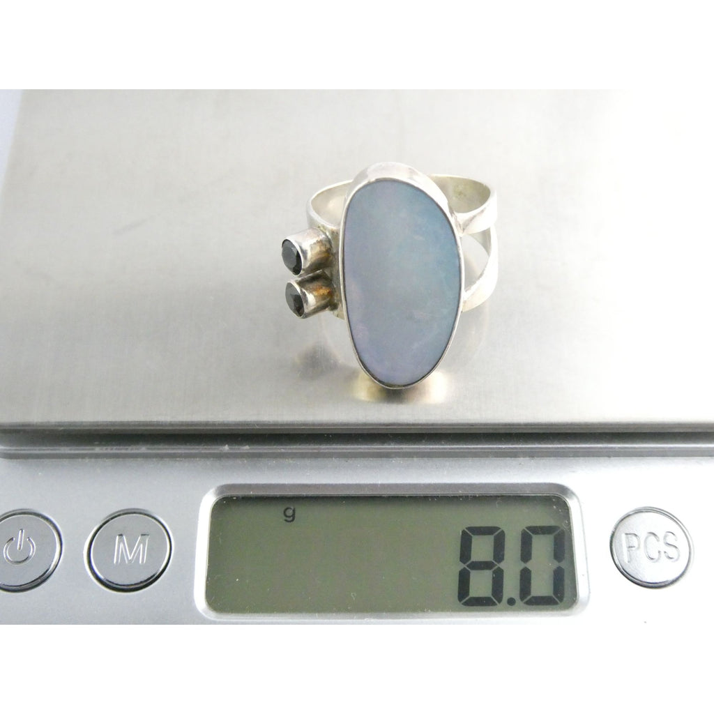 Vintage Sterling Silver Potch Opal and Double Smoky Quartz Ring Size 8.75 8g