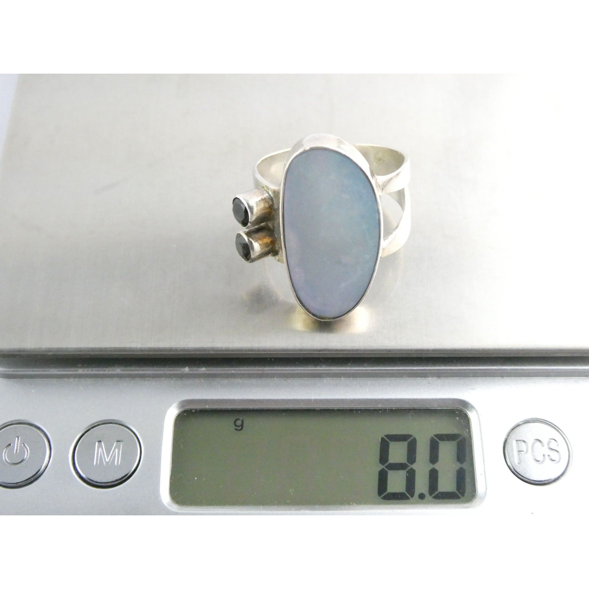 Vintage Sterling Silver Potch Opal and Double Smoky Quartz Ring Size 8.75 8g