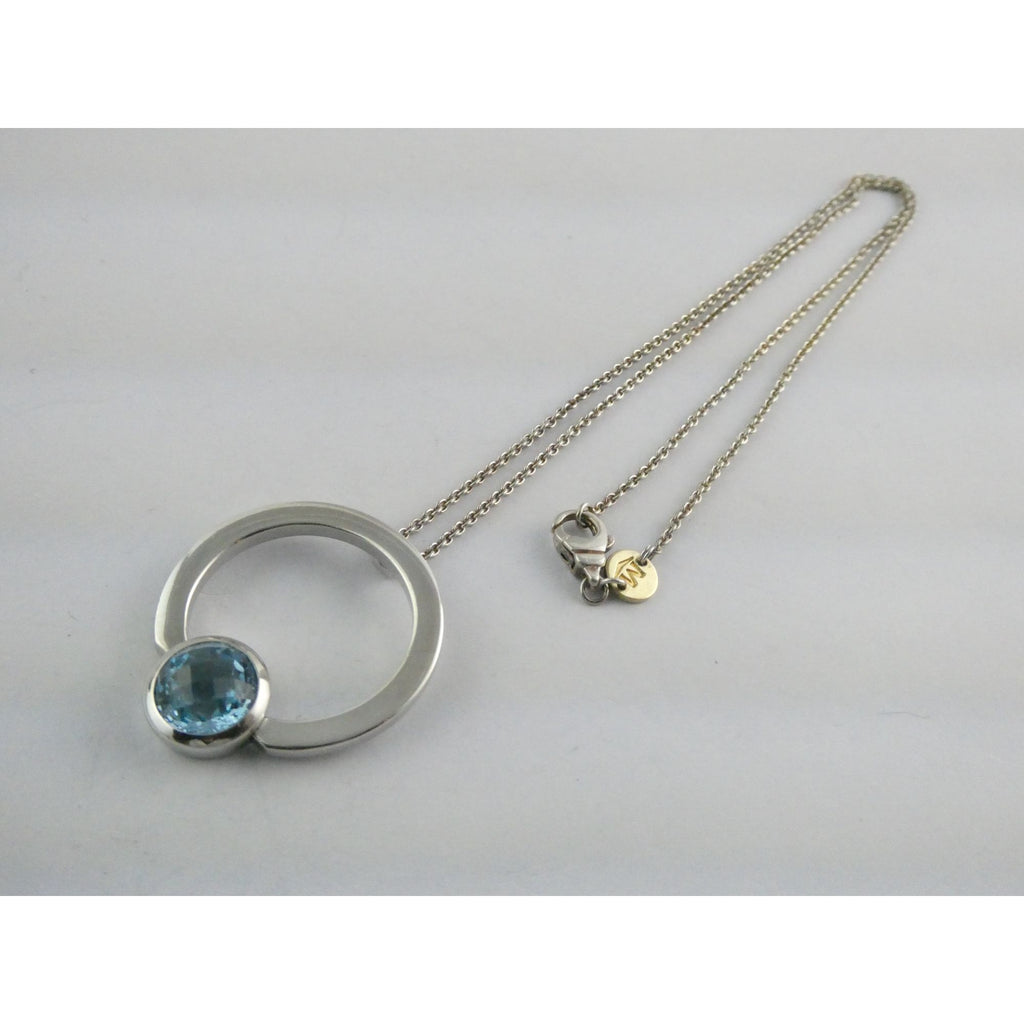 Movado Sterling Silver Blue Topaz Pendant Necklace 18k Gold Logo Clasp 10g