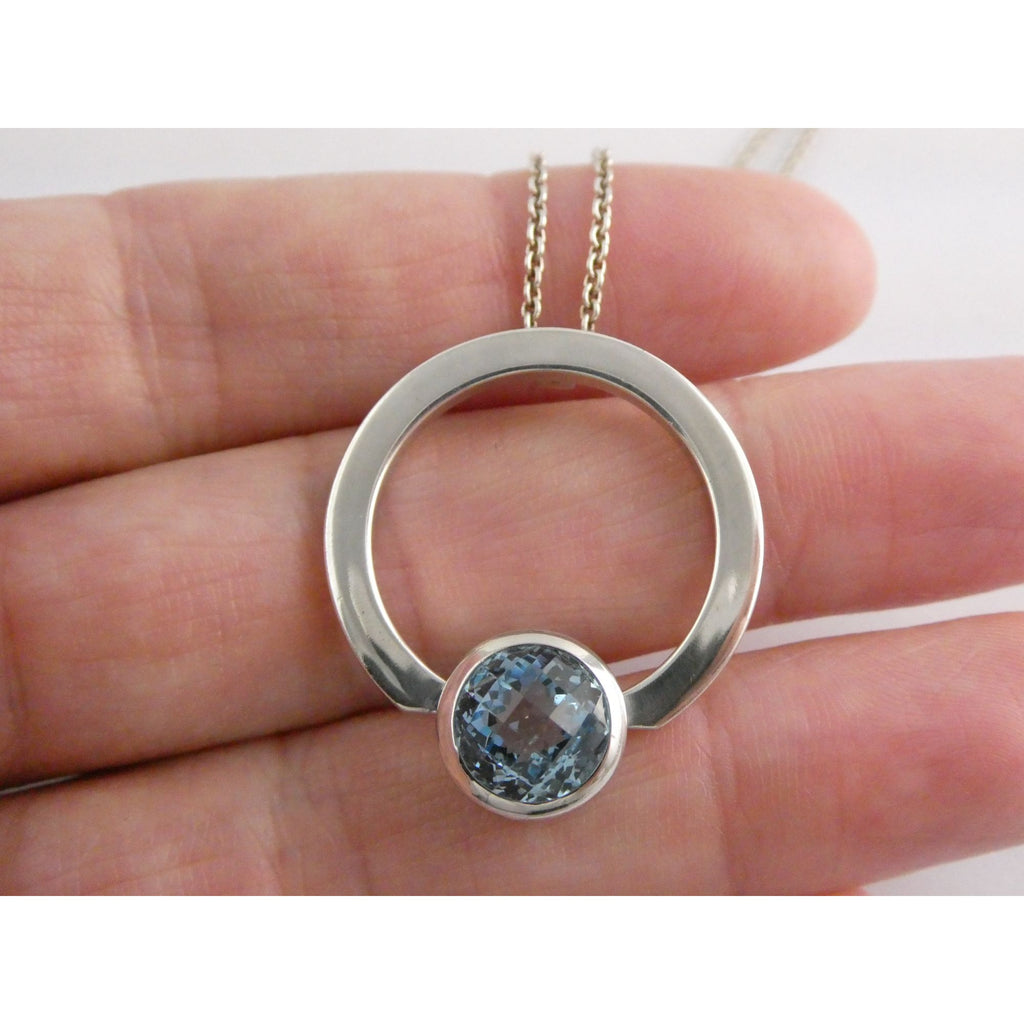 Movado Sterling Silver Blue Topaz Pendant Necklace 18k Gold Logo Clasp 10g
