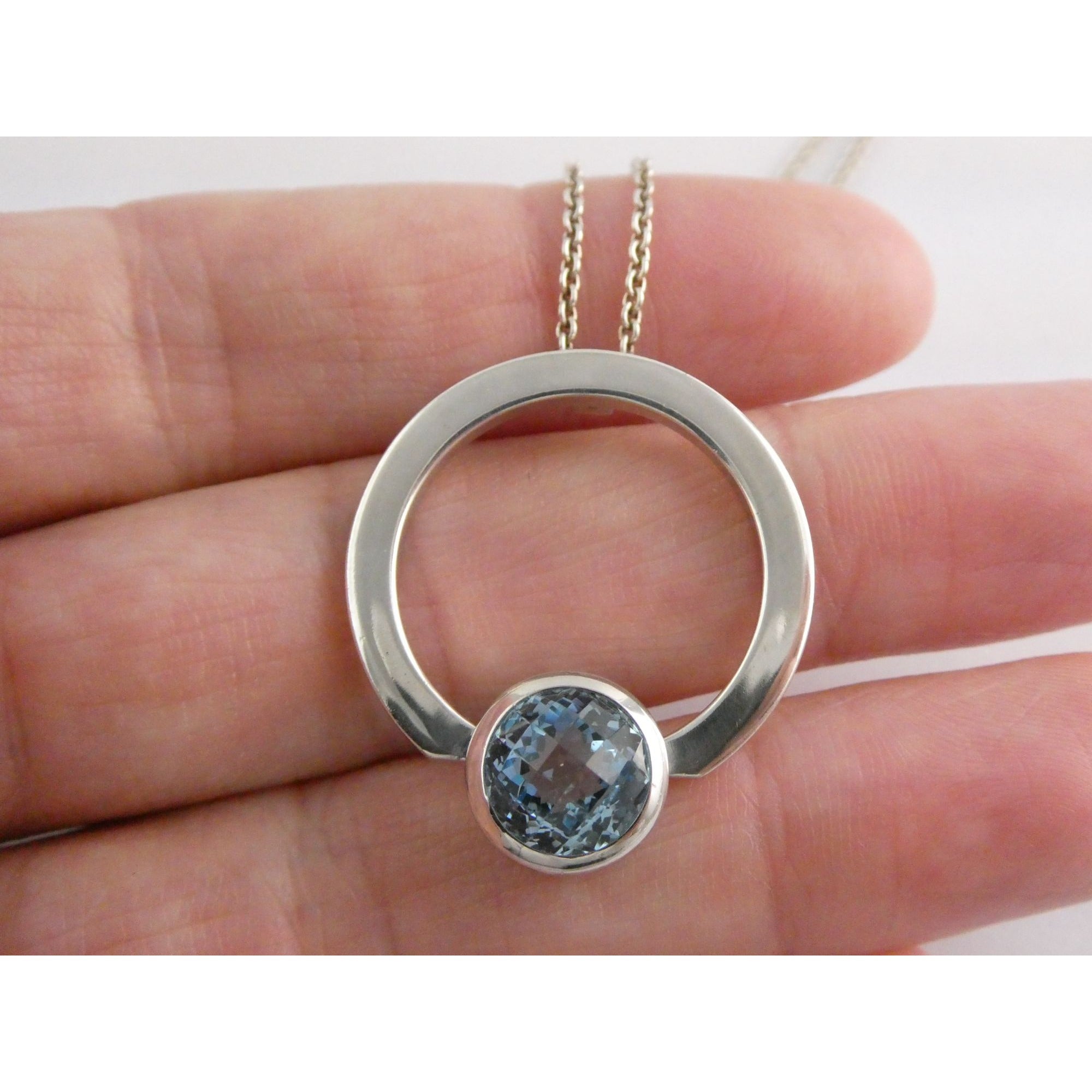 Movado Sterling Silver Blue Topaz Pendant Necklace 18k Gold Logo Clasp 10g