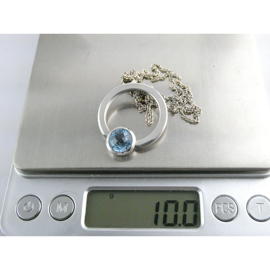 Movado Sterling Silver Blue Topaz Pendant Necklace 18k Gold Logo Clasp 10g