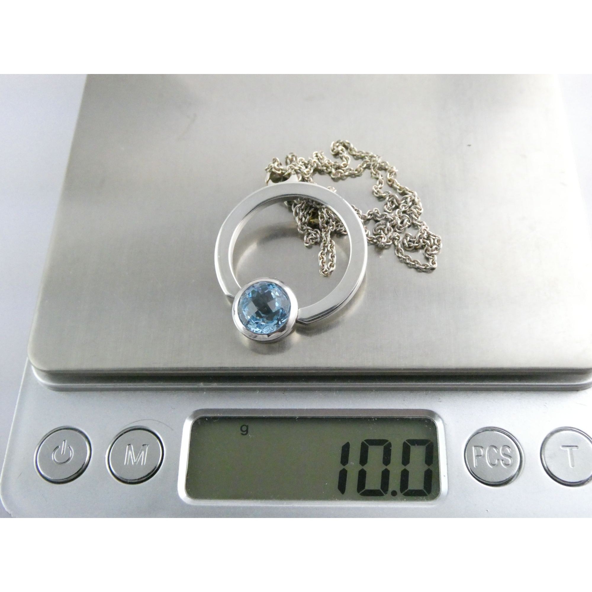 Movado Sterling Silver Blue Topaz Pendant Necklace 18k Gold Logo Clasp 10g