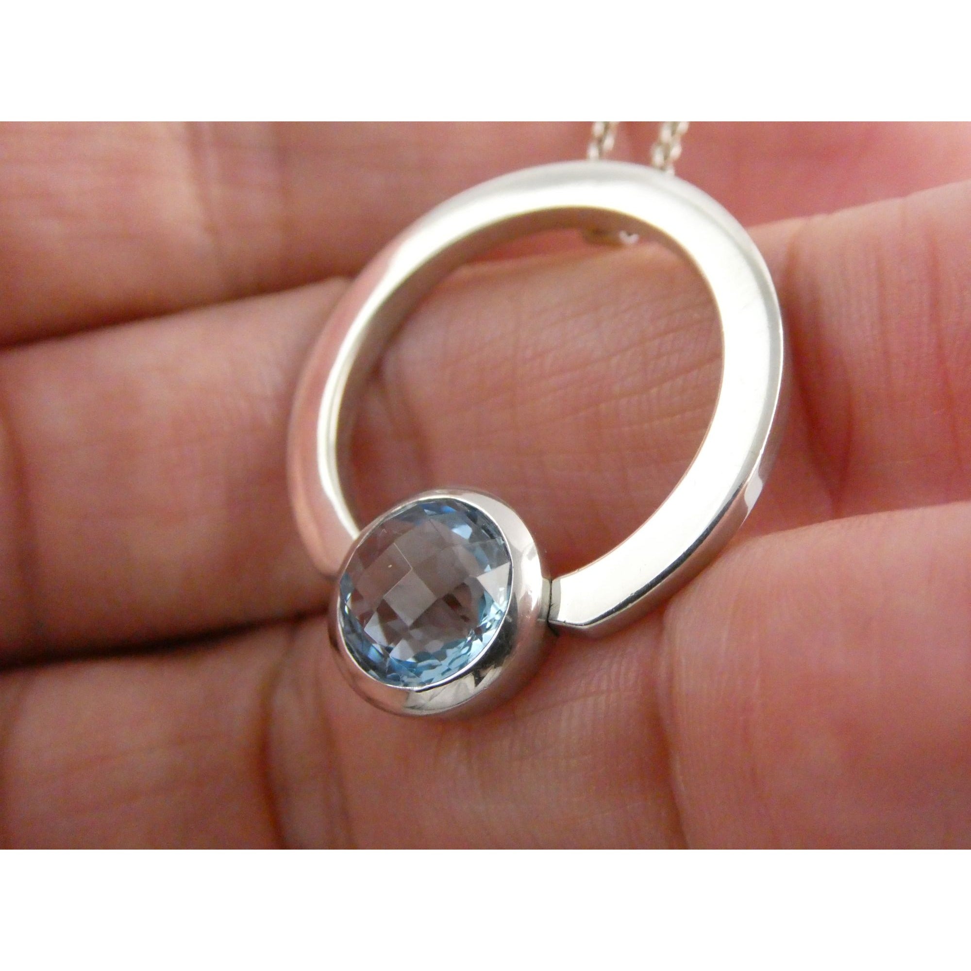 Movado Sterling Silver Blue Topaz Pendant Necklace 18k Gold Logo Clasp 10g