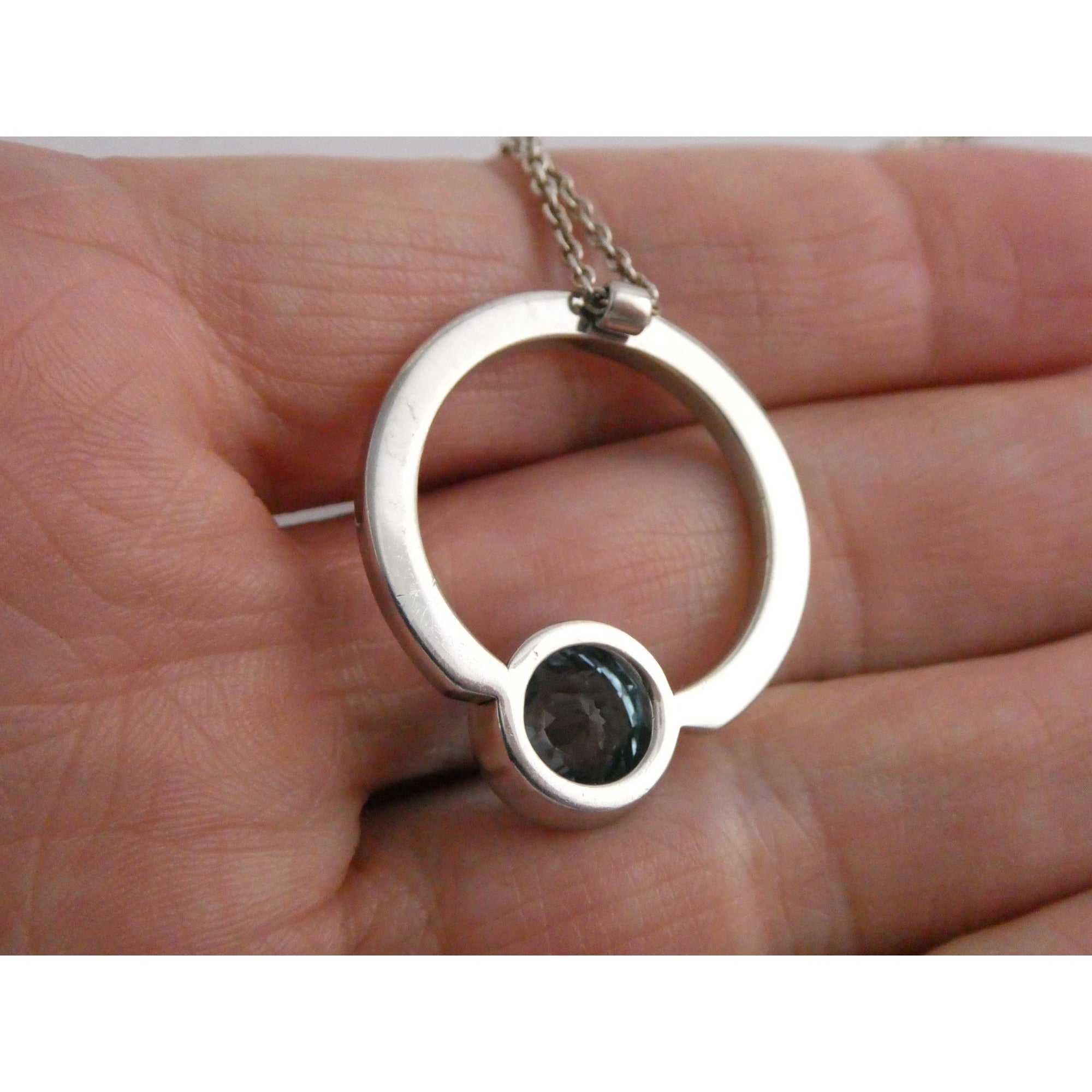 Movado Sterling Silver Blue Topaz Pendant Necklace 18k Gold Logo Clasp 10g