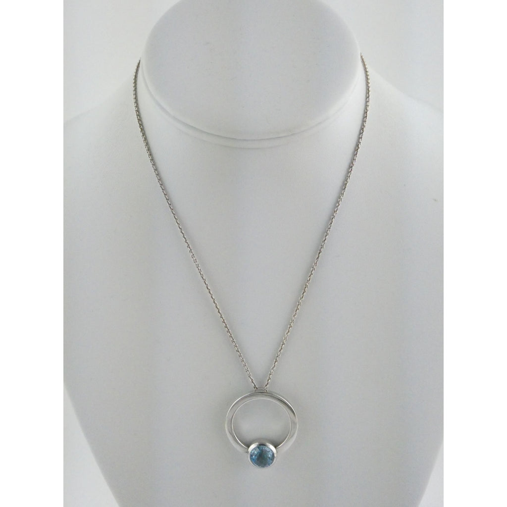 Movado Sterling Silver Blue Topaz Pendant Necklace 18k Gold Logo Clasp 10g