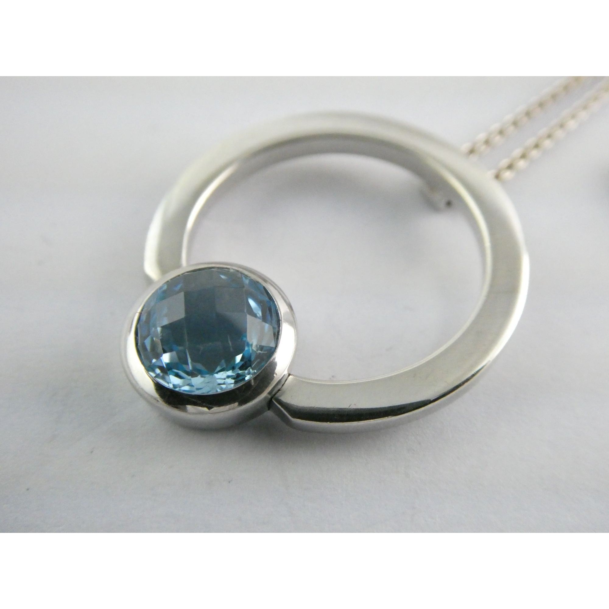 Movado Sterling Silver Blue Topaz Pendant Necklace 18k Gold Logo Clasp 10g