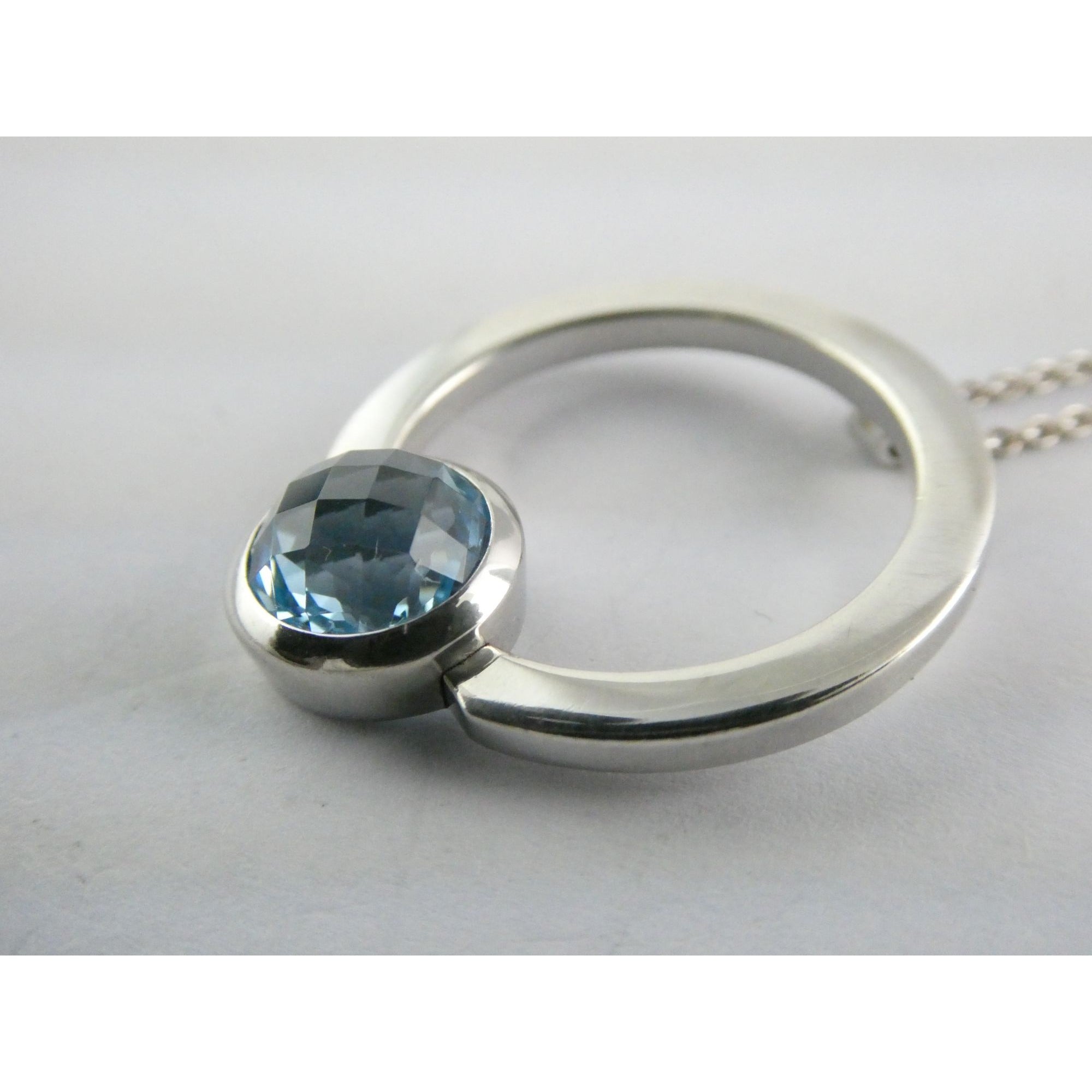 Movado Sterling Silver Blue Topaz Pendant Necklace 18k Gold Logo Clasp 10g