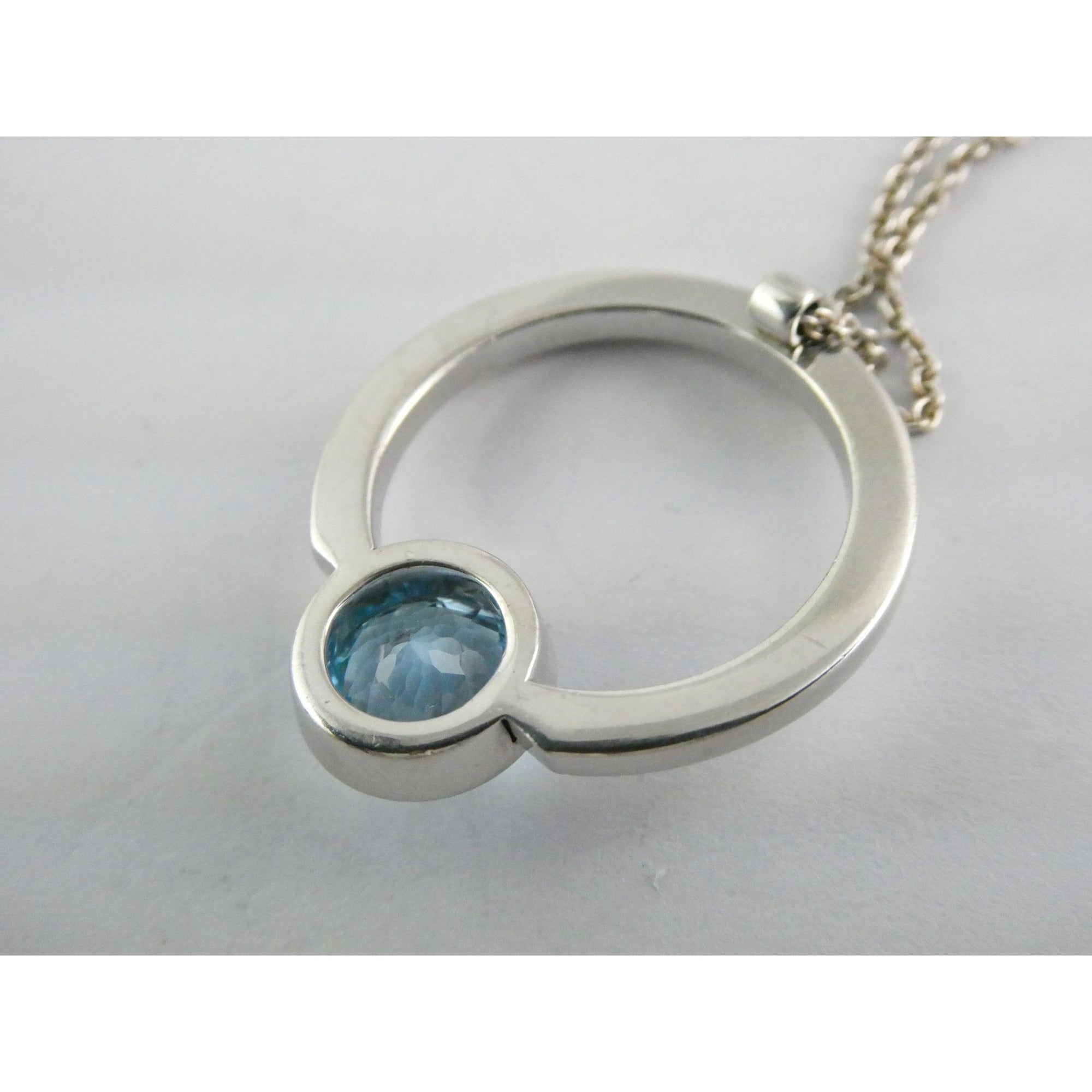 Movado Sterling Silver Blue Topaz Pendant Necklace 18k Gold Logo Clasp 10g