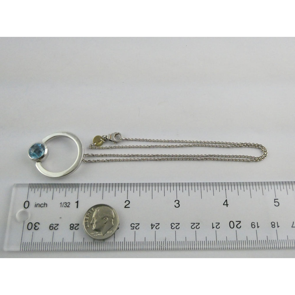 Movado Sterling Silver Blue Topaz Pendant Necklace 18k Gold Logo Clasp 10g