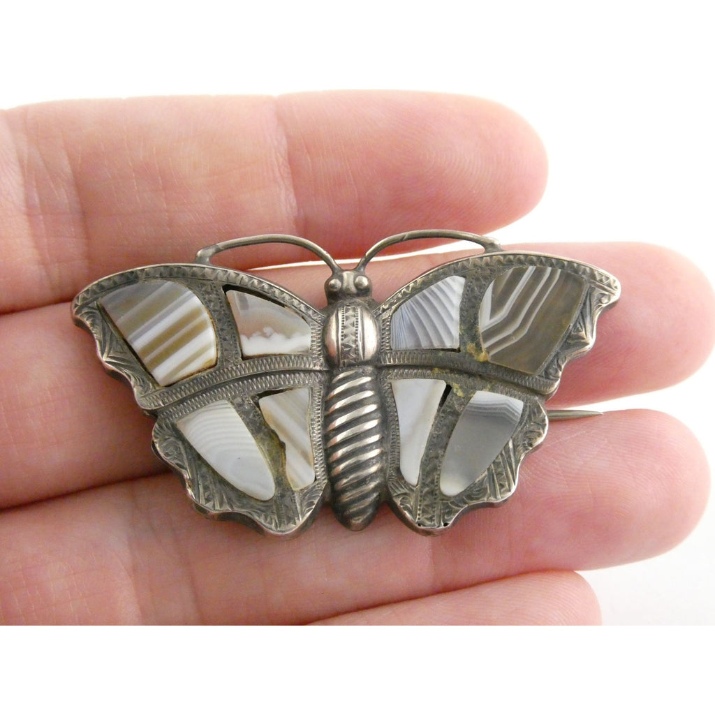 Antique Victorian Sterling Silver Montrose Agate Butterfly Brooch Pin 7.7g 2 In