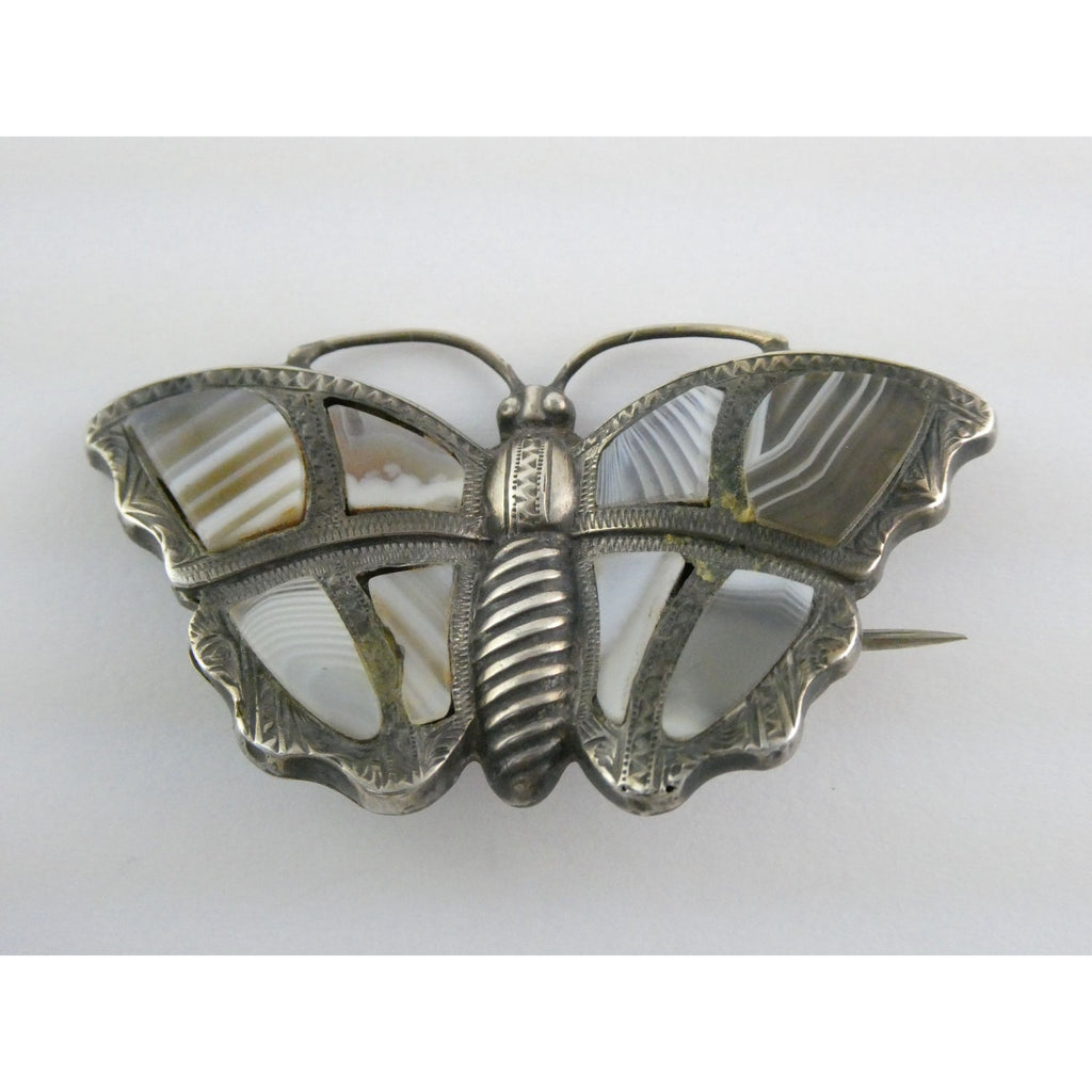 Antique Victorian Sterling Silver Montrose Agate Butterfly Brooch Pin 7.7g 2 In