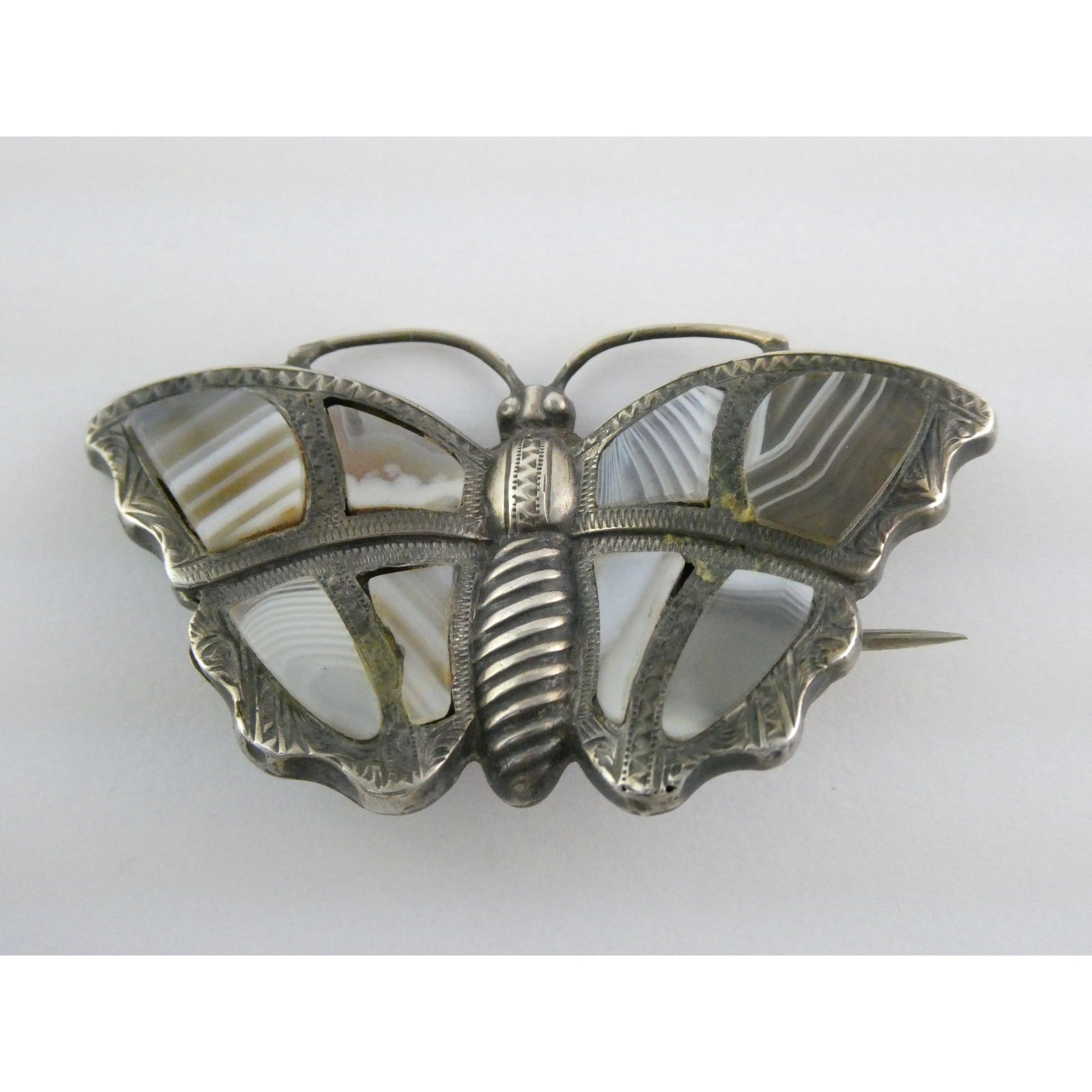 Antique Victorian Sterling Silver Montrose Agate Butterfly Brooch Pin 7.7g 2 In