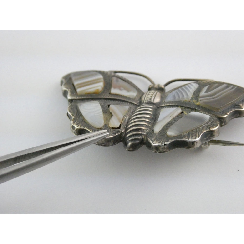 Antique Victorian Sterling Silver Montrose Agate Butterfly Brooch Pin 7.7g 2 In