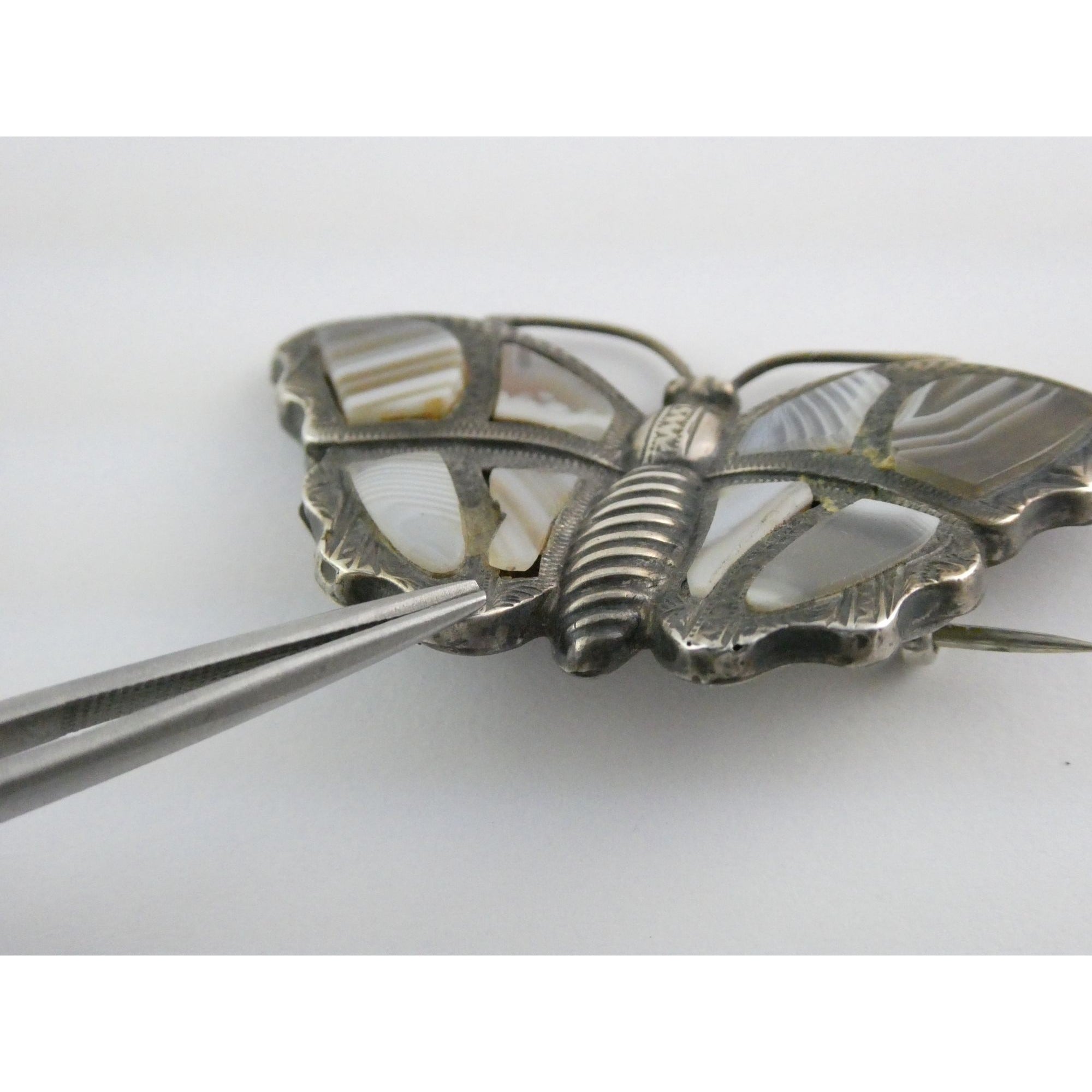 Antique Victorian Sterling Silver Montrose Agate Butterfly Brooch Pin 7.7g 2 In