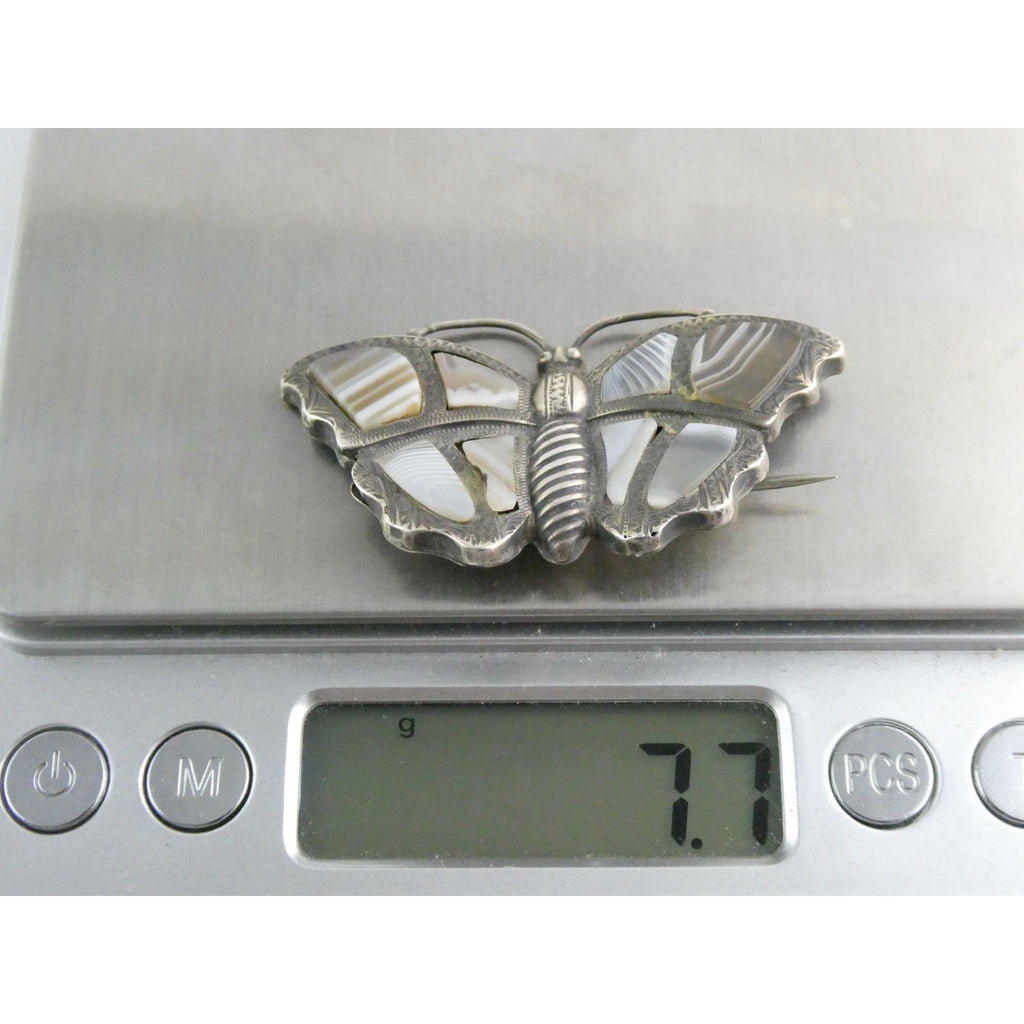 Antique Victorian Sterling Silver Montrose Agate Butterfly Brooch Pin 7.7g 2 In