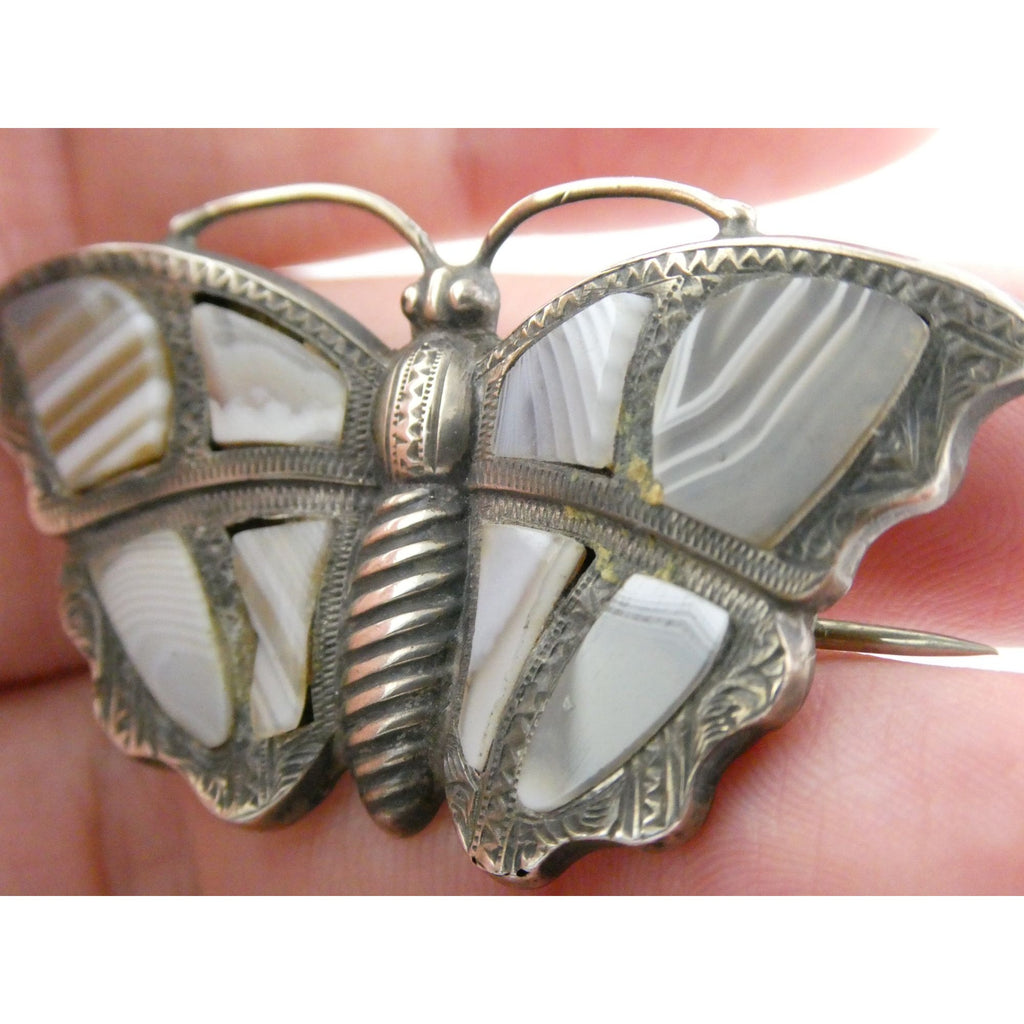 Antique Victorian Sterling Silver Montrose Agate Butterfly Brooch Pin 7.7g 2 In