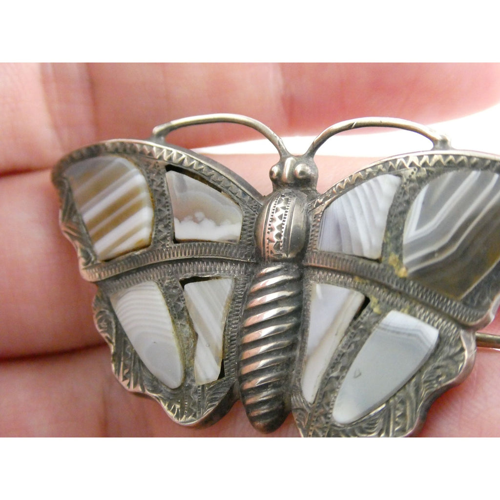 Antique Victorian Sterling Silver Montrose Agate Butterfly Brooch Pin 7.7g 2 In