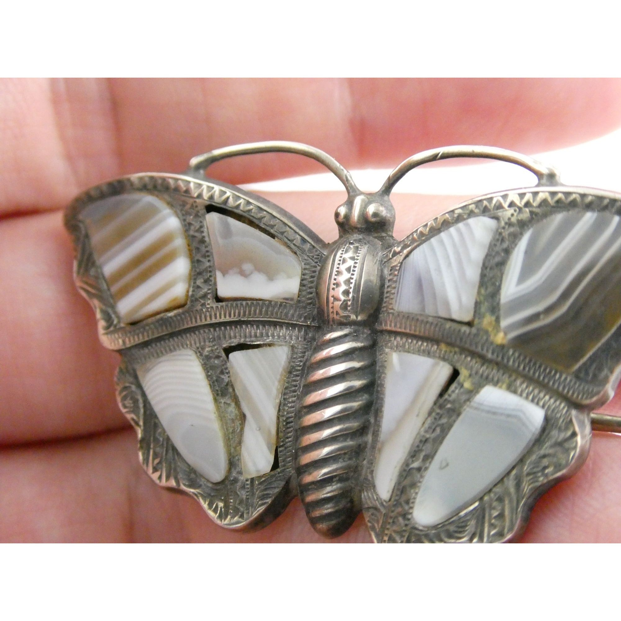 Antique Victorian Sterling Silver Montrose Agate Butterfly Brooch Pin 7.7g 2 In