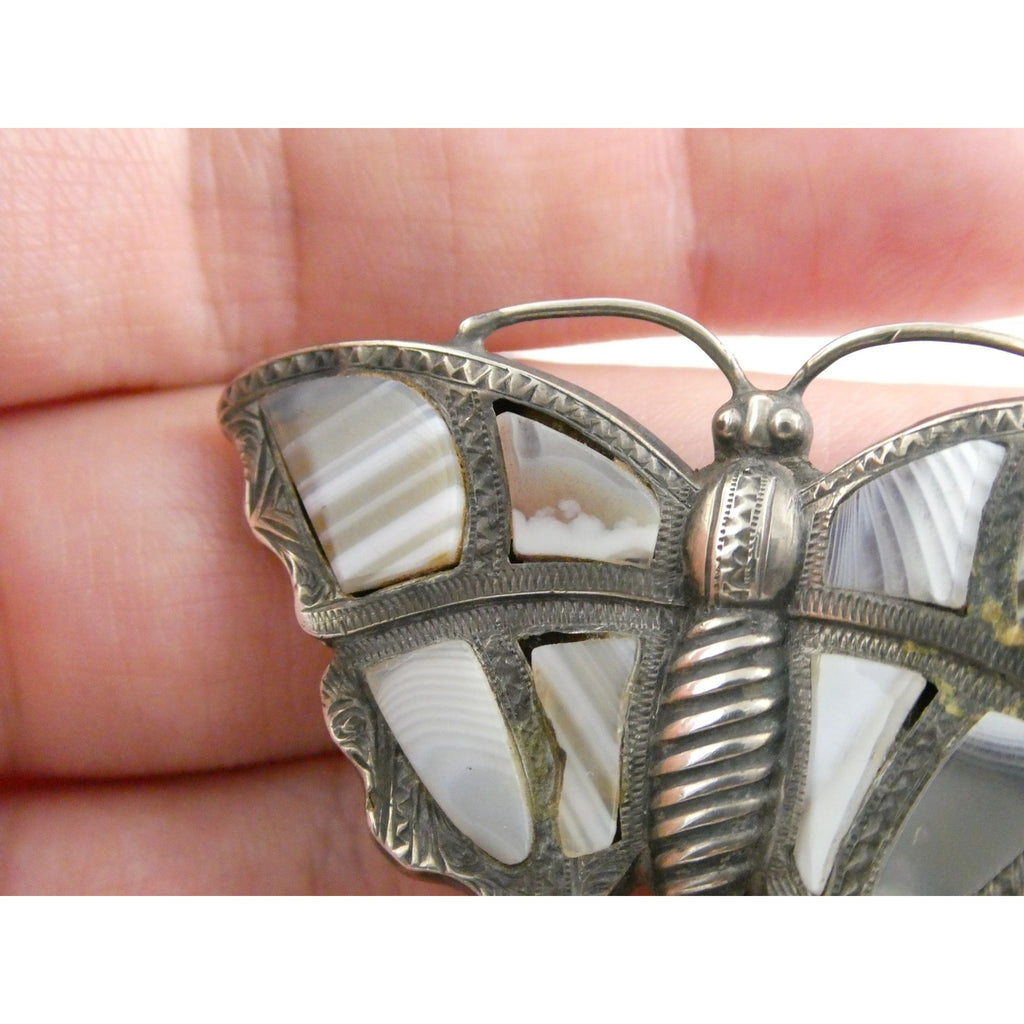 Antique Victorian Sterling Silver Montrose Agate Butterfly Brooch Pin 7.7g 2 In