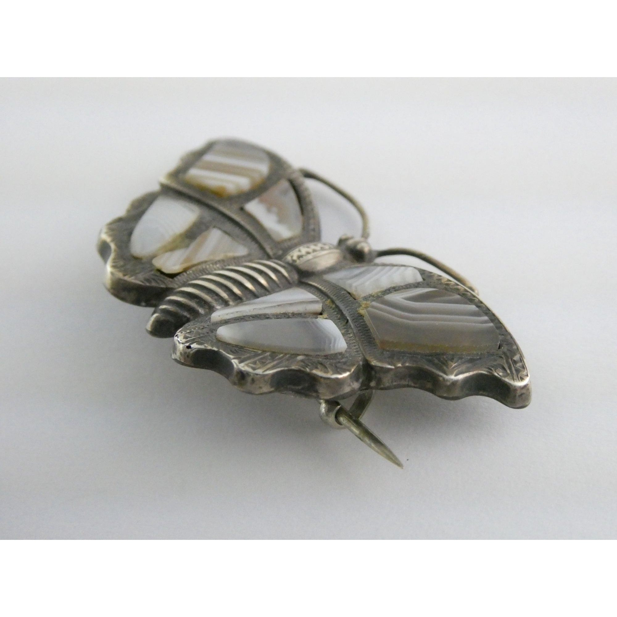 Antique Victorian Sterling Silver Montrose Agate Butterfly Brooch Pin 7.7g 2 In