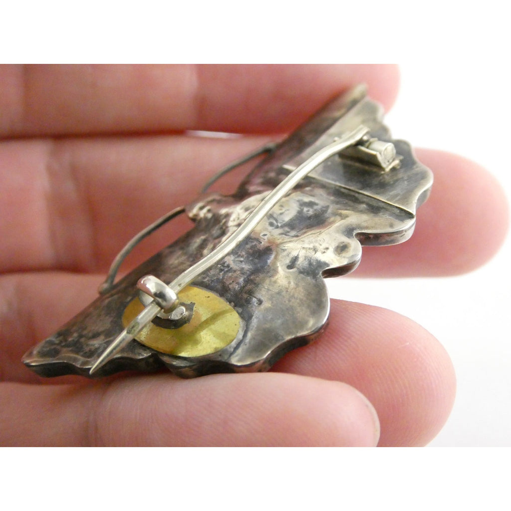 Antique Victorian Sterling Silver Montrose Agate Butterfly Brooch Pin 7.7g 2 In