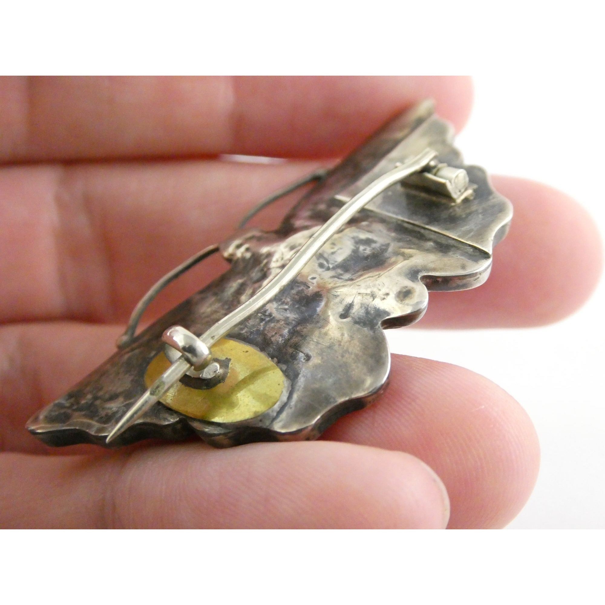 Antique Victorian Sterling Silver Montrose Agate Butterfly Brooch Pin 7.7g 2 In