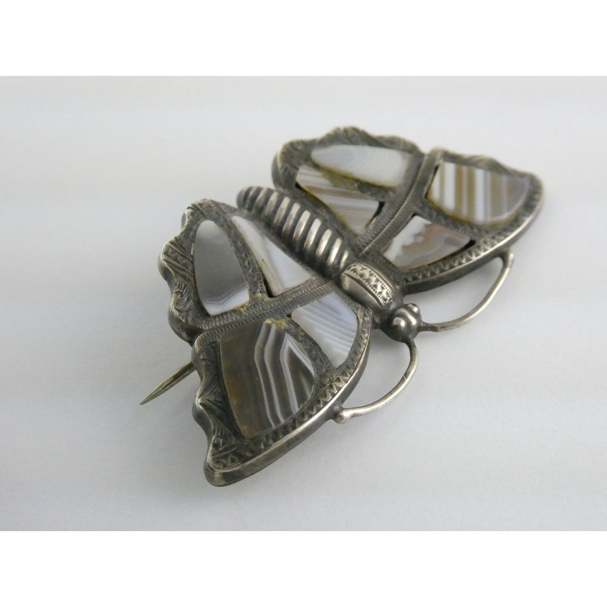 Antique Victorian Sterling Silver Montrose Agate Butterfly Brooch Pin 7.7g 2 In