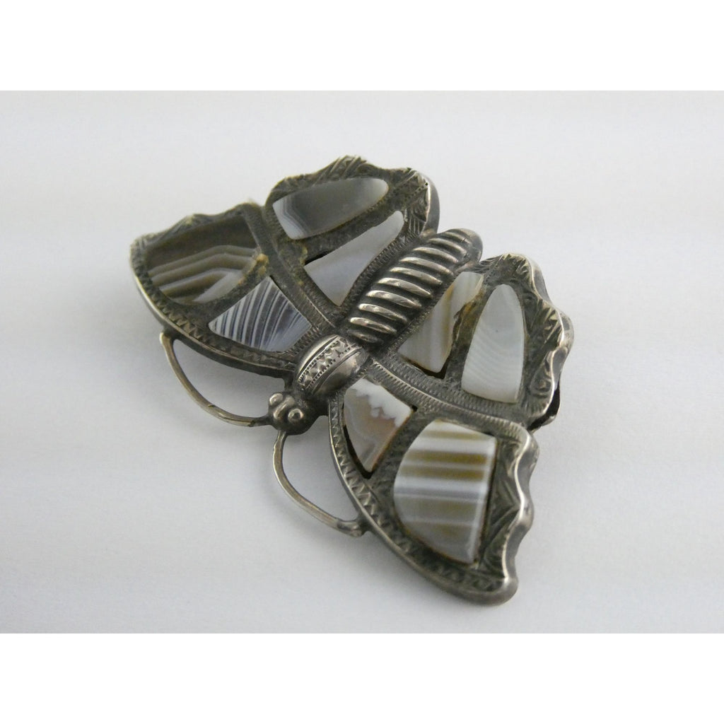 Antique Victorian Sterling Silver Montrose Agate Butterfly Brooch Pin 7.7g 2 In