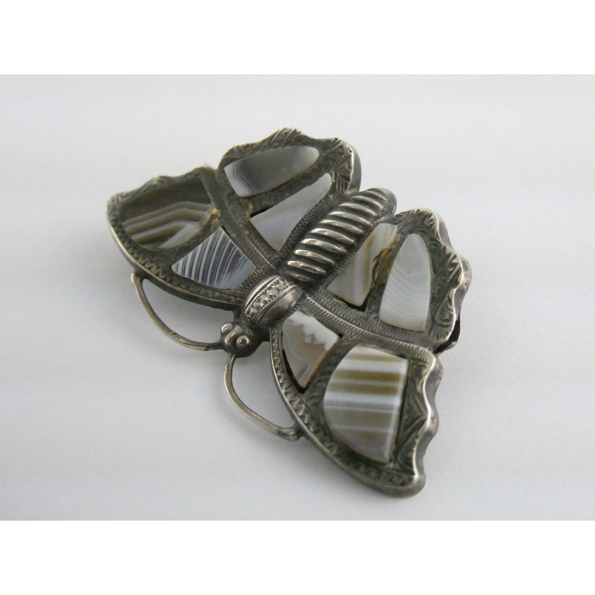 Antique Victorian Sterling Silver Montrose Agate Butterfly Brooch Pin 7.7g 2 In