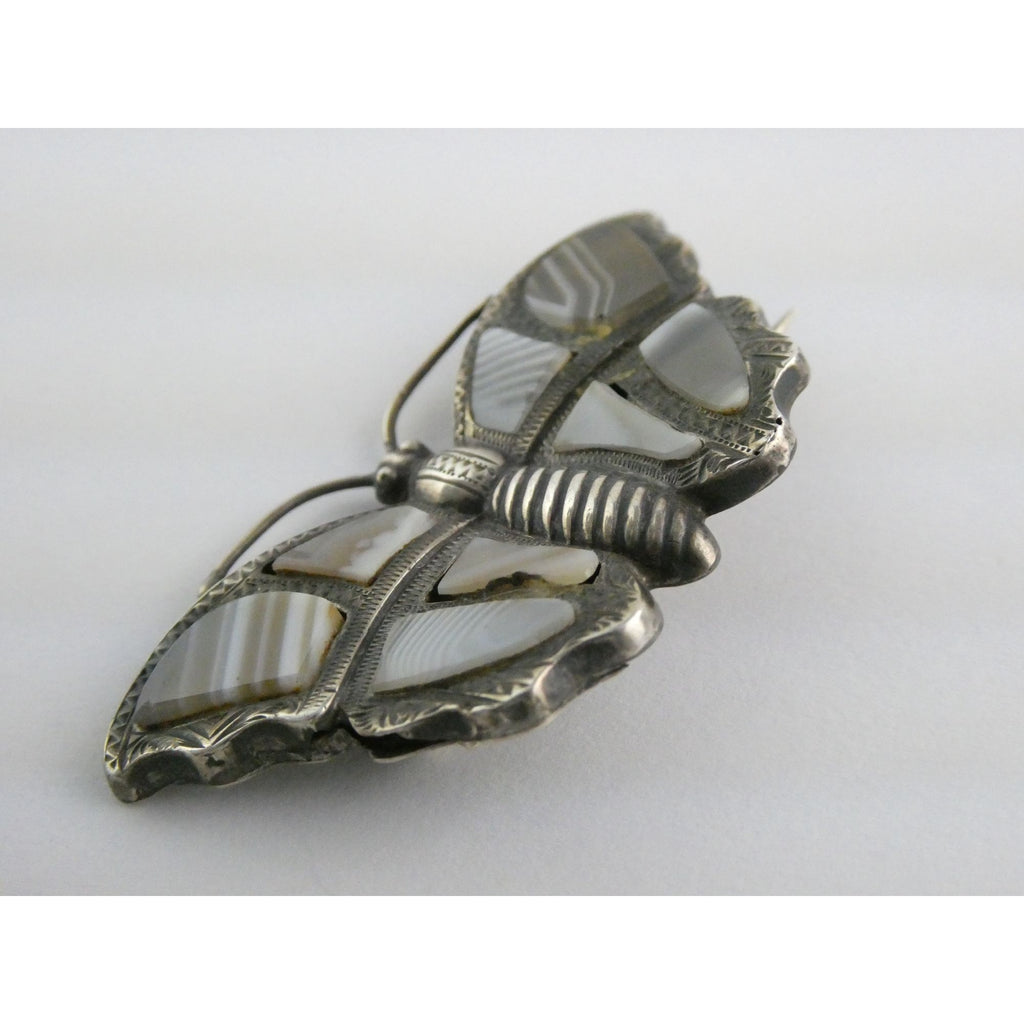 Antique Victorian Sterling Silver Montrose Agate Butterfly Brooch Pin 7.7g 2 In