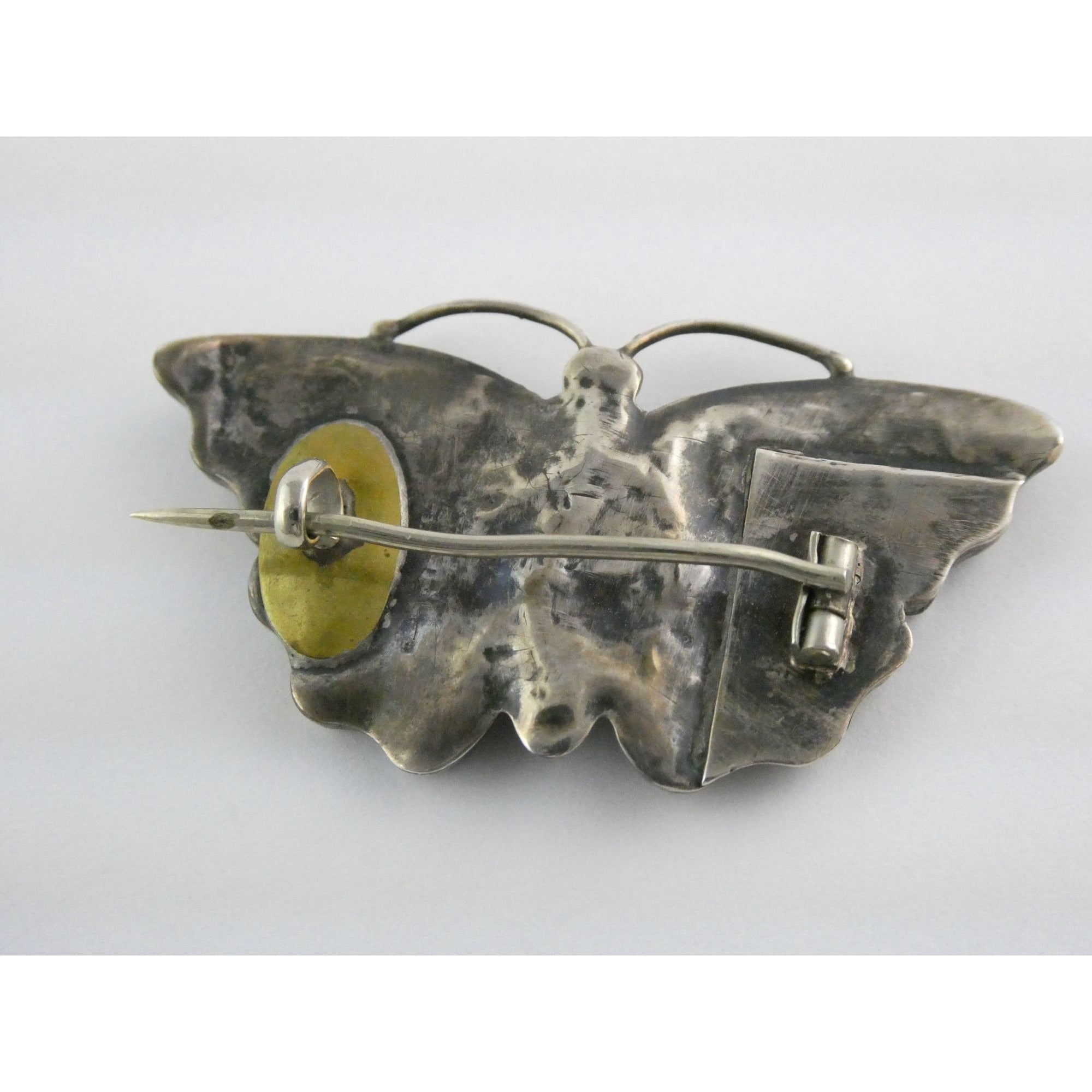 Antique Victorian Sterling Silver Montrose Agate Butterfly Brooch Pin 7.7g 2 In