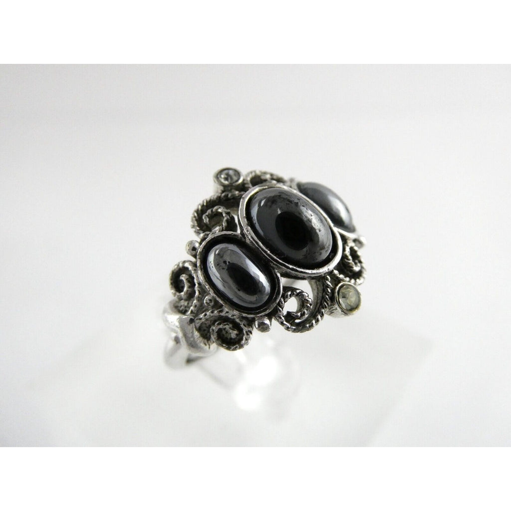 Avon Silvertone Metal and Hematite Ring Adjustable Size 4.5g Weight