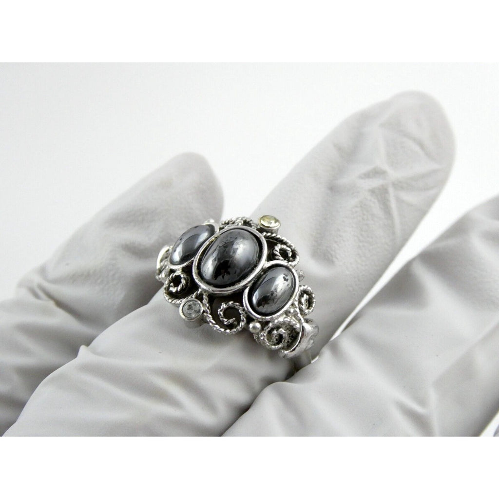 Avon Silvertone Metal and Hematite Ring Adjustable Size 4.5g Weight
