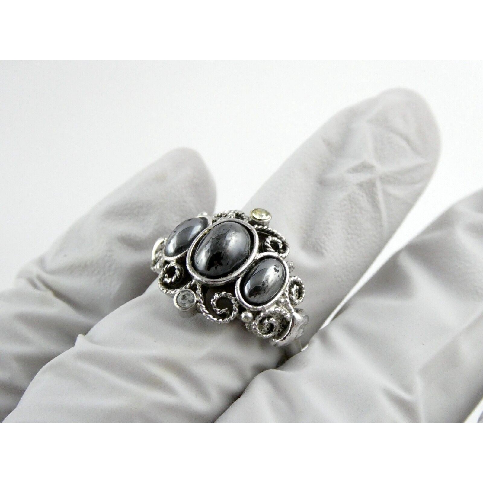 Avon Silvertone Metal and Hematite Ring Adjustable Size 4.5g Weight
