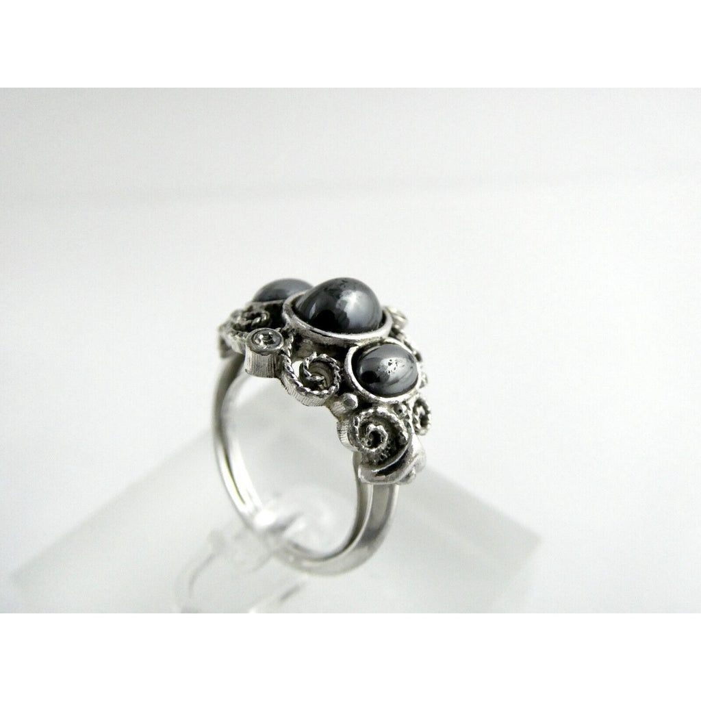 Avon Silvertone Metal and Hematite Ring Adjustable Size 4.5g Weight