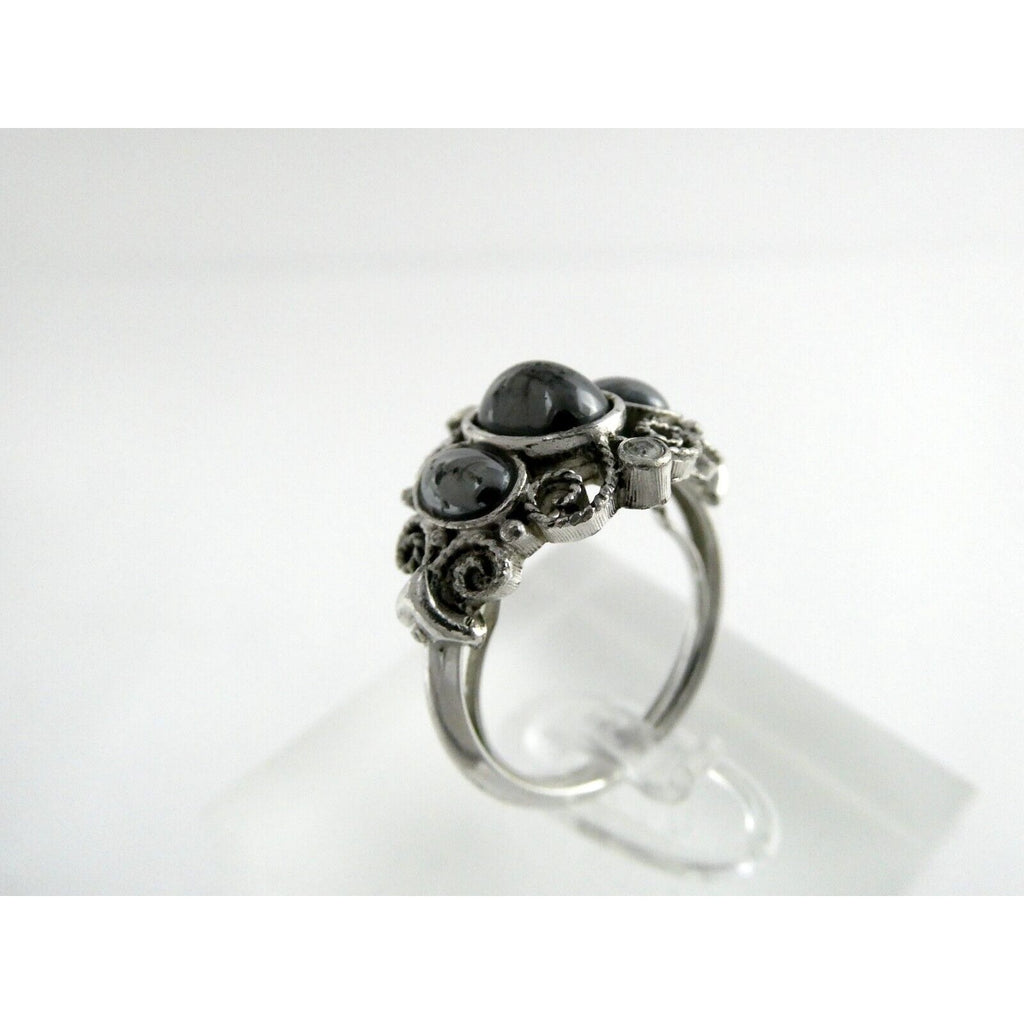 Avon Silvertone Metal and Hematite Ring Adjustable Size 4.5g Weight