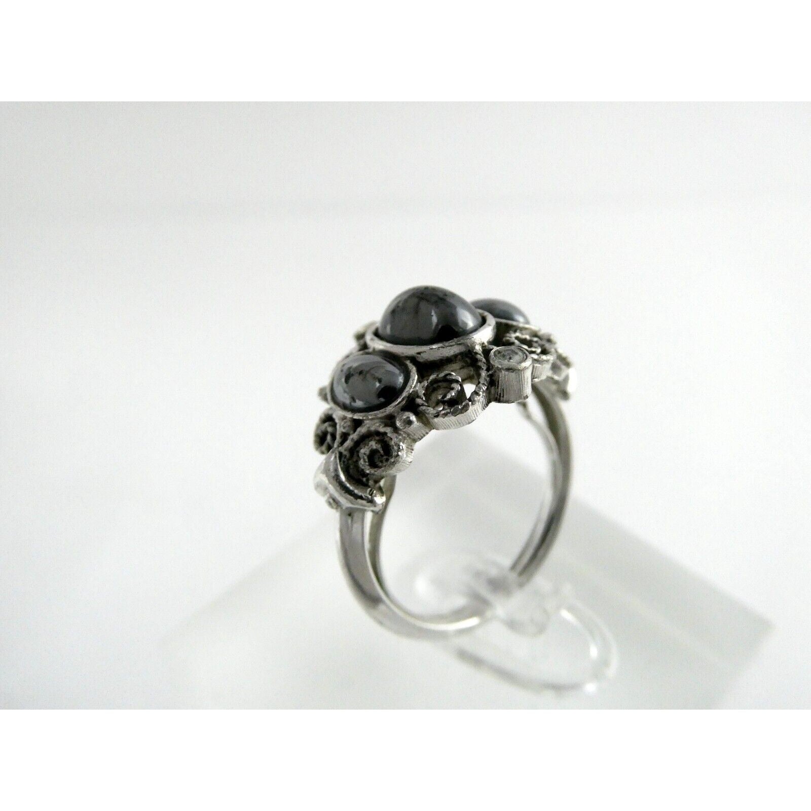 Avon Silvertone Metal and Hematite Ring Adjustable Size 4.5g Weight